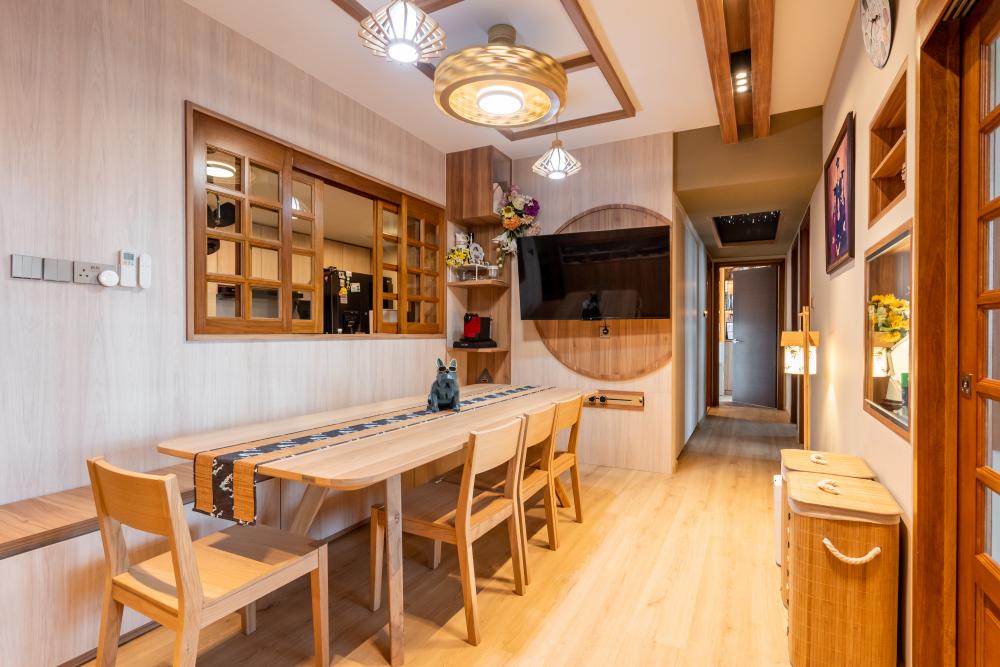 Asian Dining Room with Drop Light and Downlights
