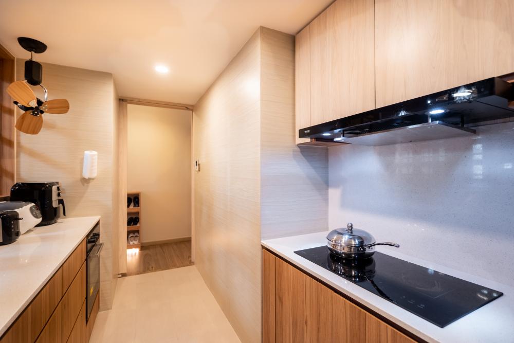 Asian Kitchen with Countertop and Homogeneous Tiles