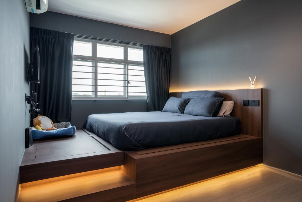 Modern Bedroom with Platform Bed and Vinyl Flooring