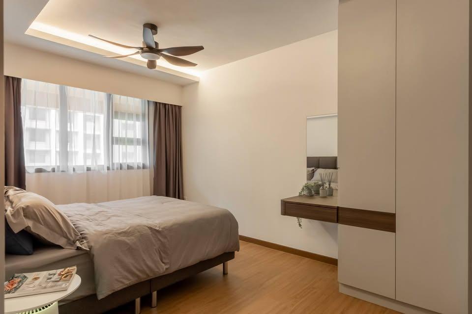 Modern Bedroom with Wood Flooring and Bedside Table