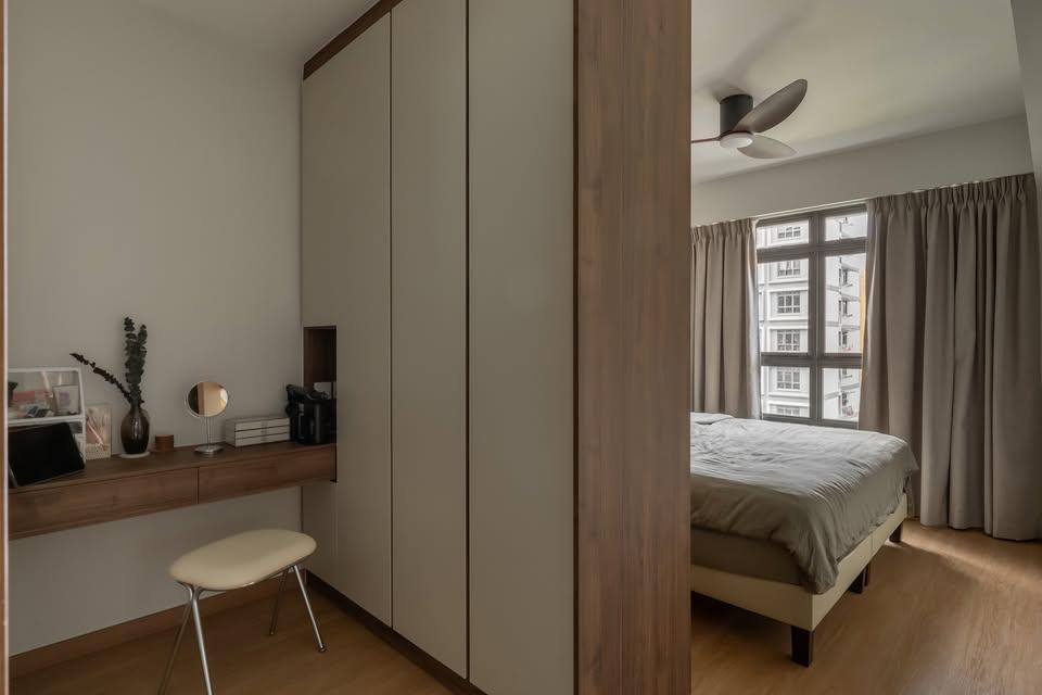 Minimalist Bedroom with Wood Flooring and Wardrobe