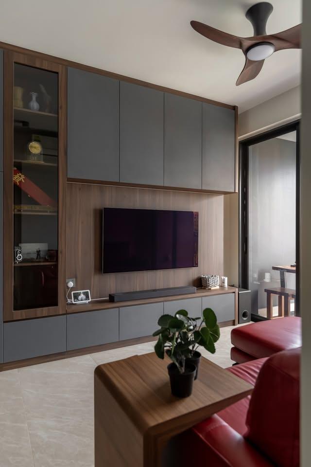 Contemporary Living Room with Bookshelf and TV Console