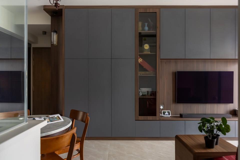 Contemporary Living Room with Bookshelf and TV Console