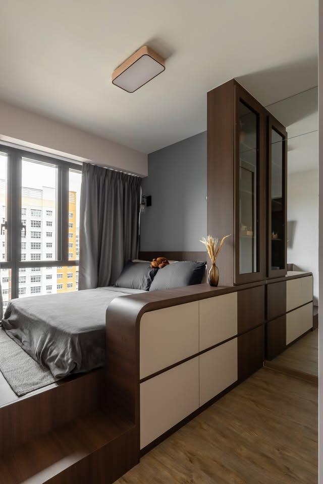 Contemporary Bedroom with Wood Flooring and Queen Bed