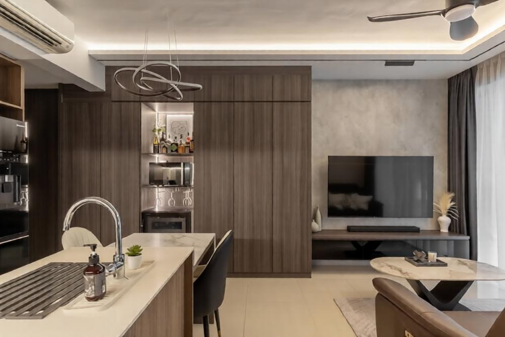 Modern Living Room with TV Console and Cove Lighting