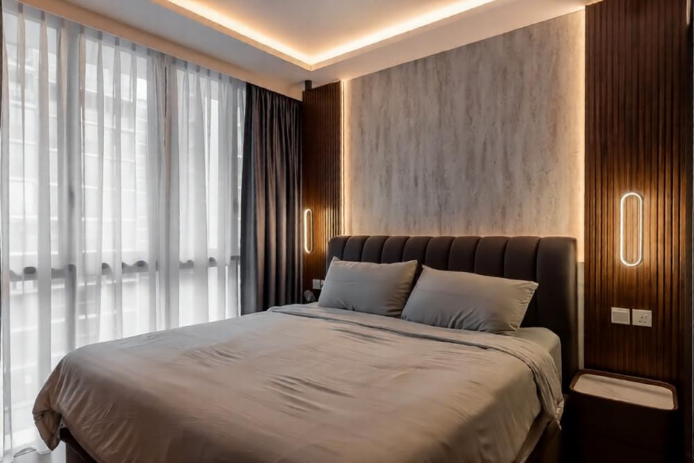 Modern Bedroom with Cove Lighting and Bedside Table