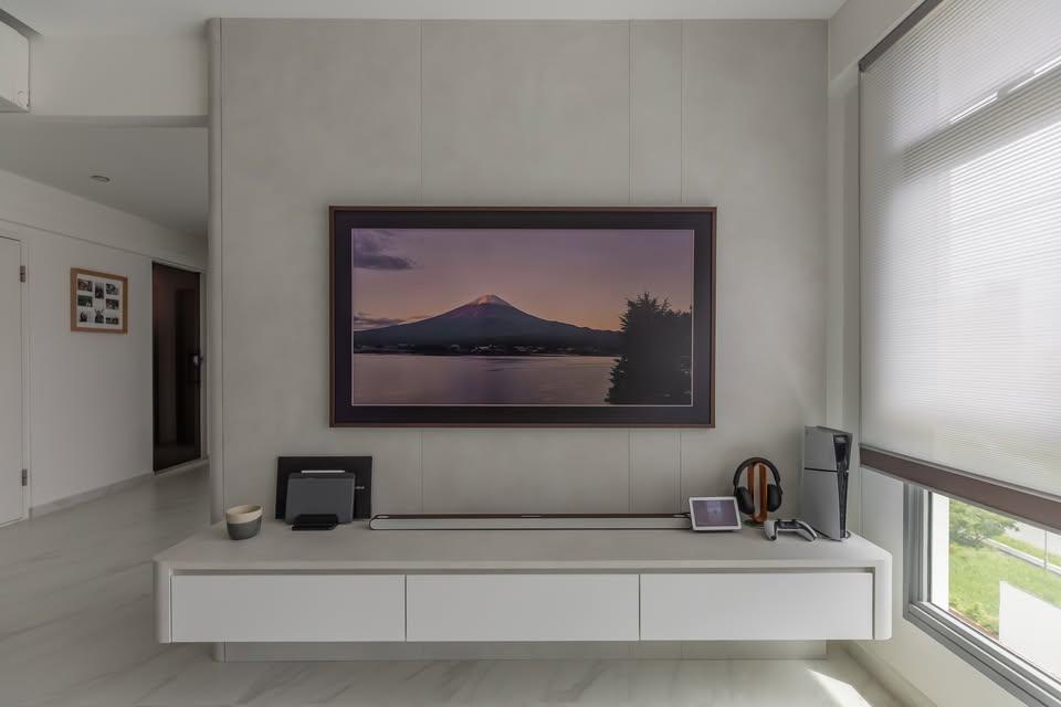 Scandinavian Living Room with TV Console and Blinds