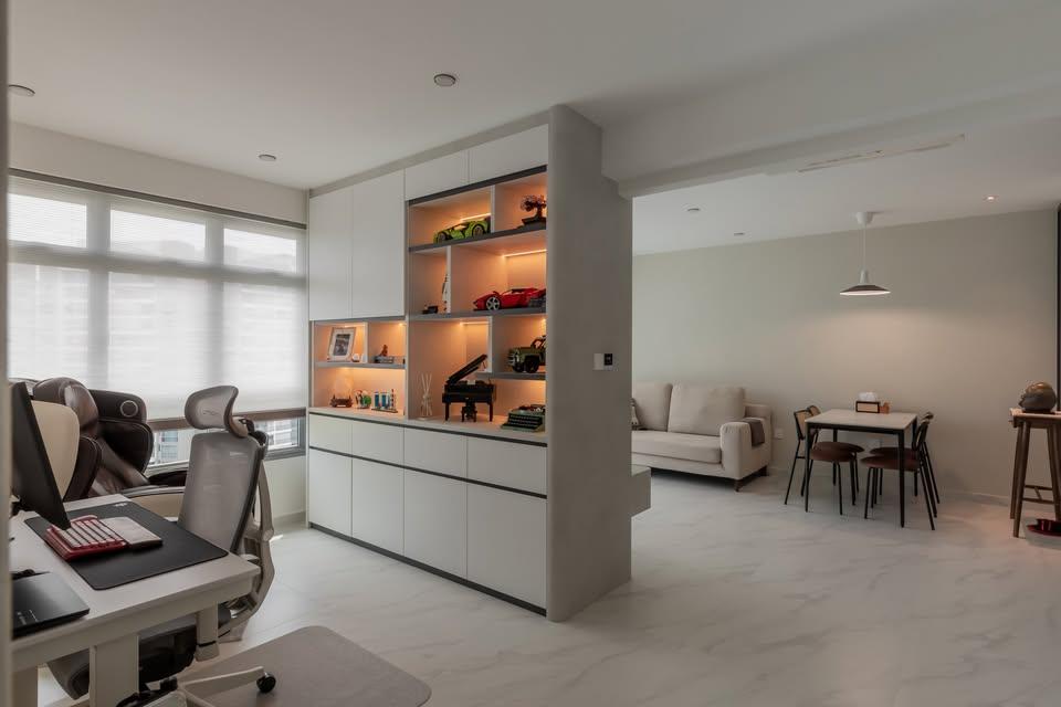 Scandinavian Home Office with Shelving Units and Computer