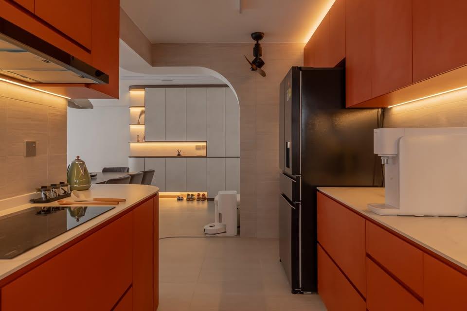 Modern Kitchen with Kitchen Cabinets and Refrigerator
