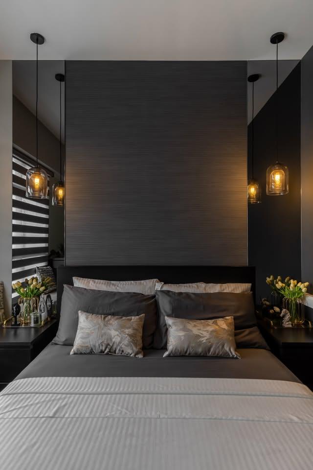 Modern Bedroom with Drop Light and Bedside Table