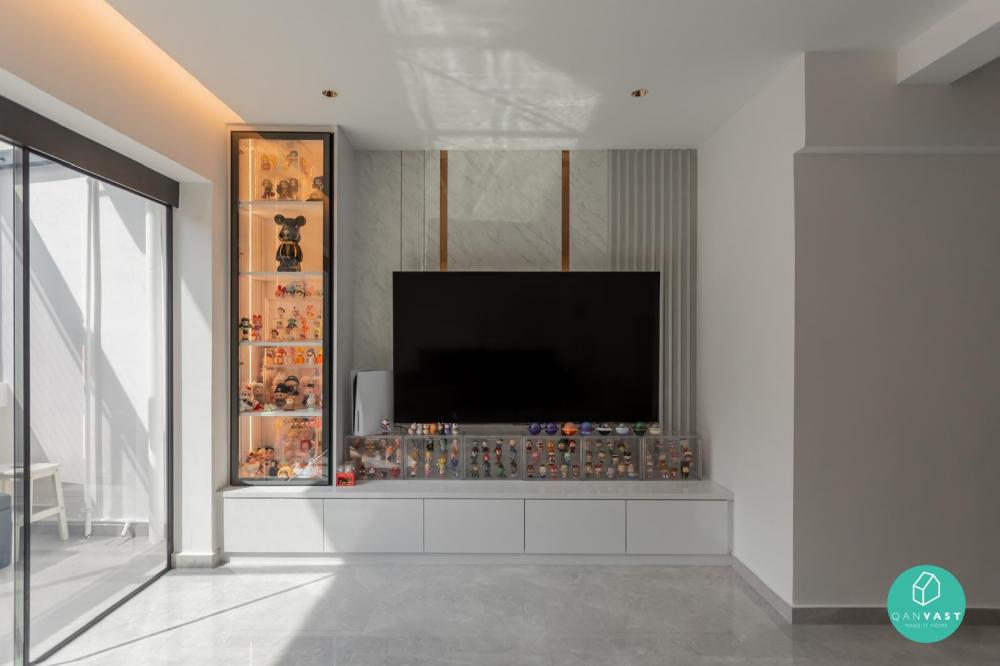 Contemporary Living Room with Homogeneous Tiles and TV Console