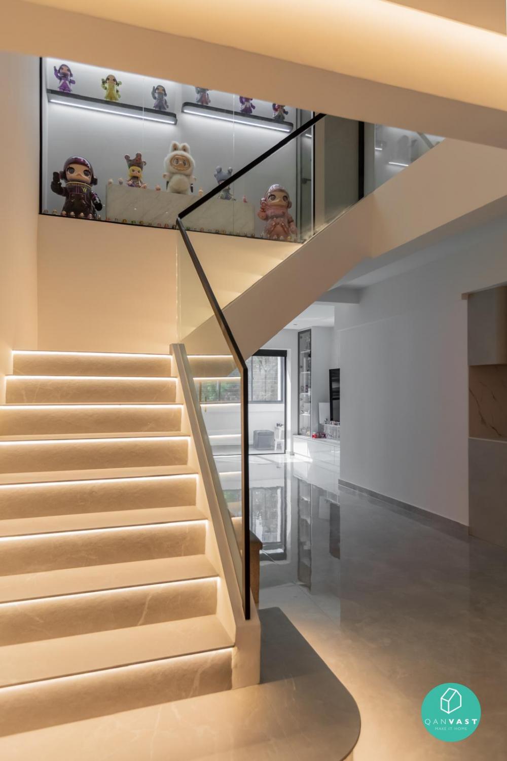 Contemporary Dining Room with Staircase and Cove Lighting