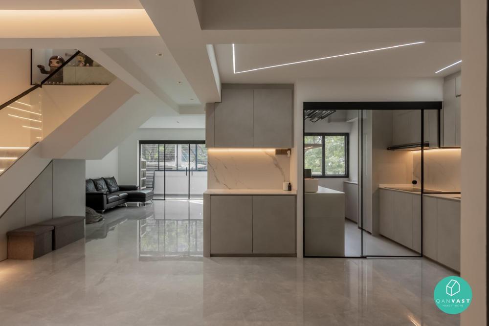 Contemporary Foyer with Homogeneous Tiles and Cove Lighting