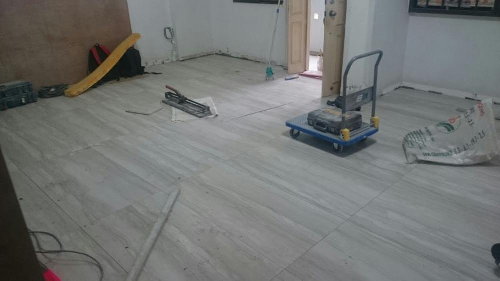 Asian Living Room with Vinyl Flooring and Homogeneous Tiles