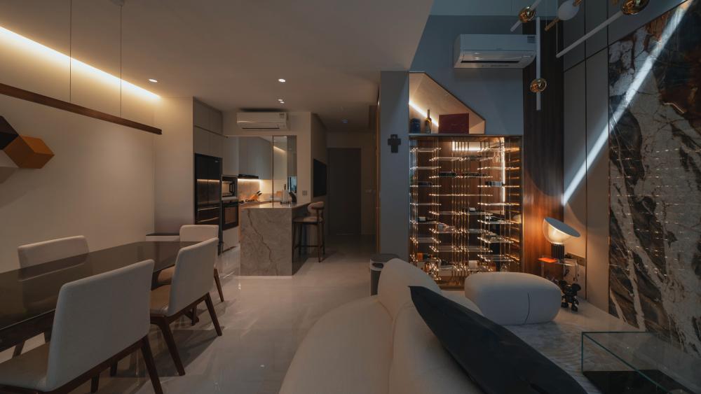 Modern Living Room with Cement Floor and TV Console