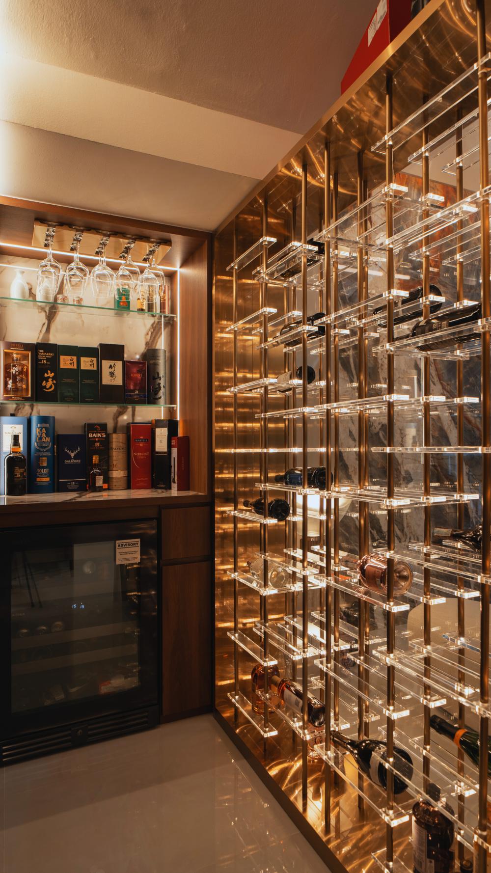 Modern Wine Cellar with Drinkware and Shelving Units