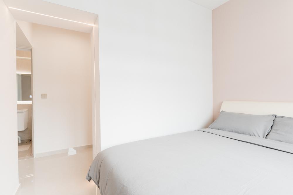Contemporary Bedroom with Homogeneous Tiles and Ceiling Light