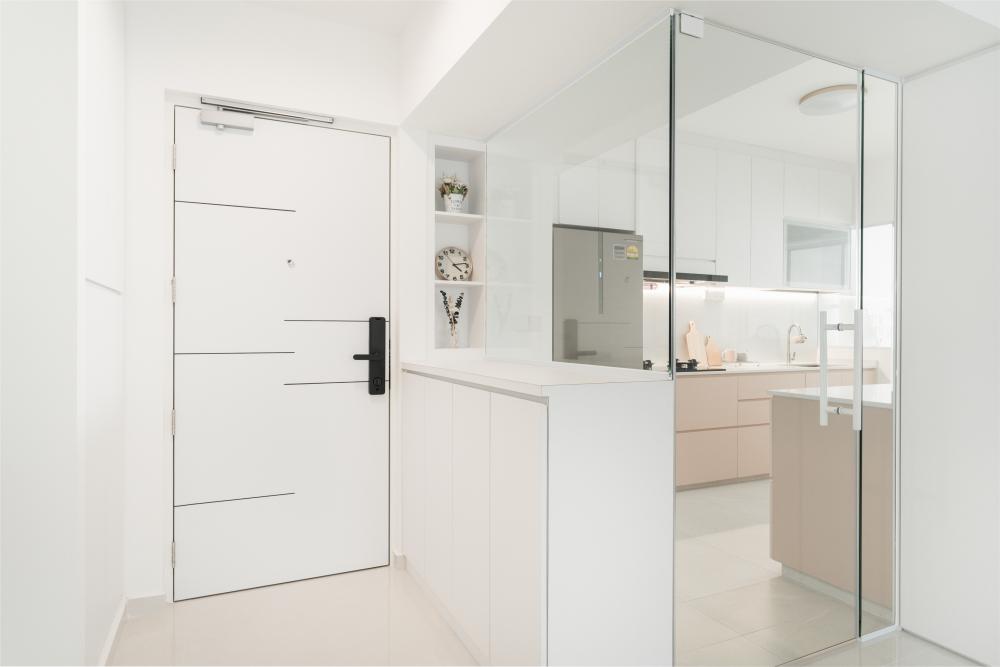 Contemporary Foyer with Glass Door and Shoe Rack