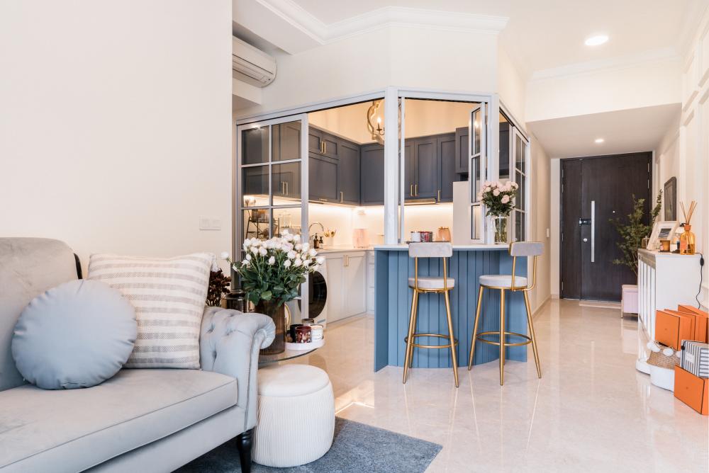 Modern Living Room with Marble Floor and Feature Wall
