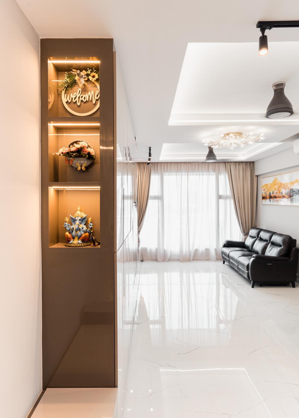 Eclectic Foyer with Artwork and Curtain