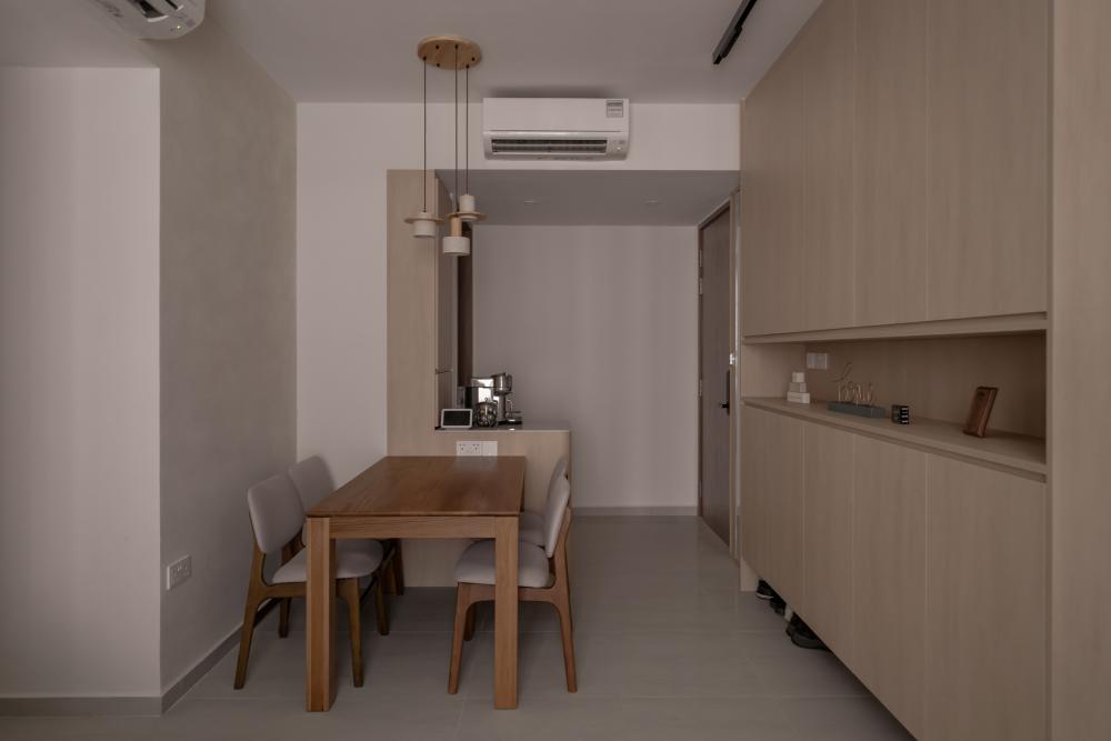 Minimalist Dining Room with TV Console and Dining Table