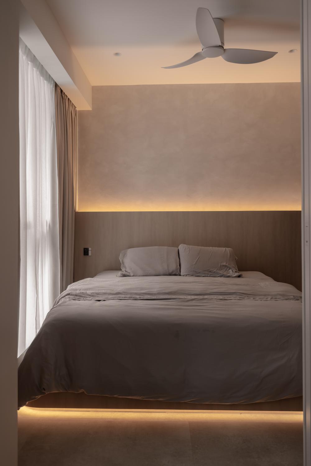 Minimalist Bedroom with Built-in Bed and Ceiling Fan