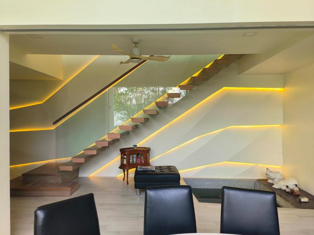 Minimalist Hallway with Feature Wall and Staircase