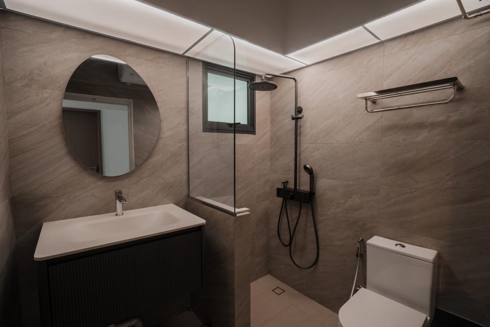 Contemporary Bathroom with Cove Lighting and Showers