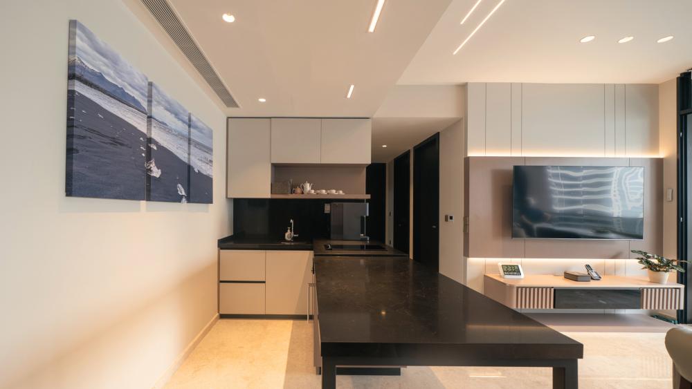 Contemporary Living Room with TV Console and Feature Wall