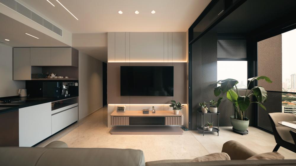 Contemporary Living Room with Homogeneous Tiles and TV Console