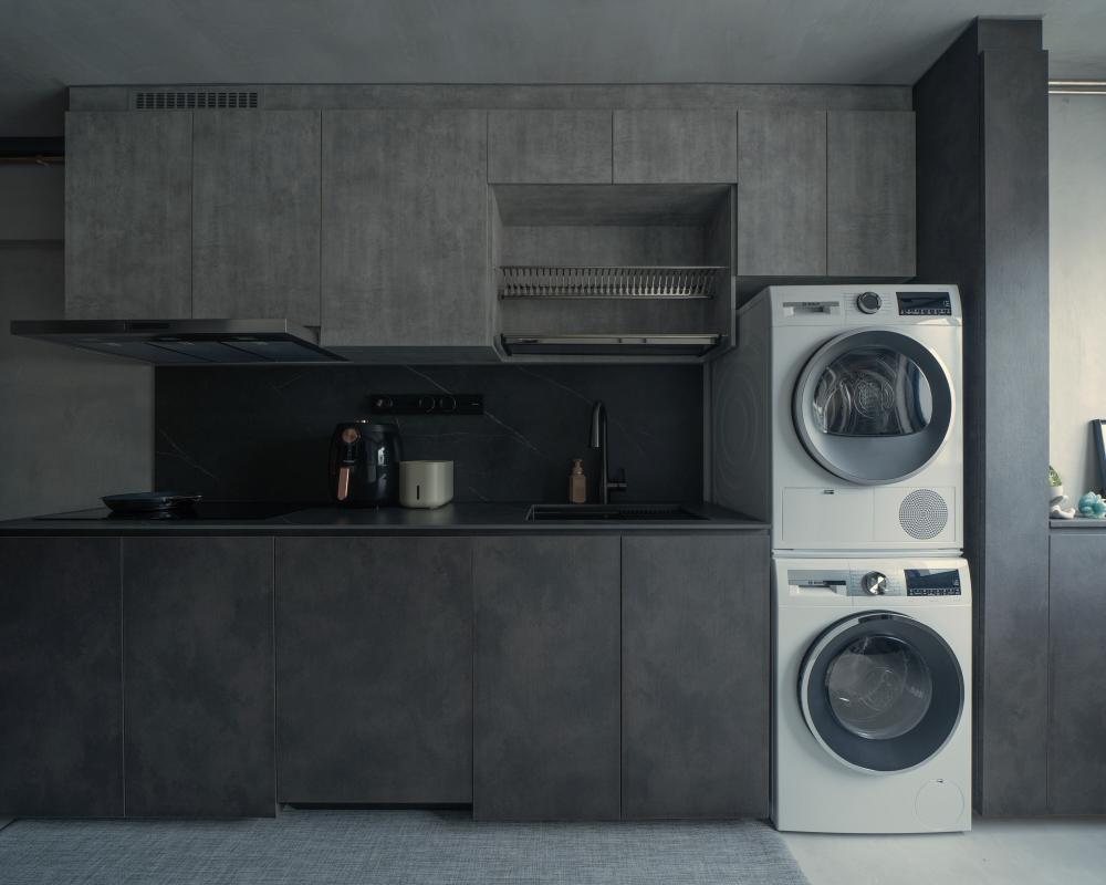 Industrial Kitchen with Kitchen Window and Open Kitchen