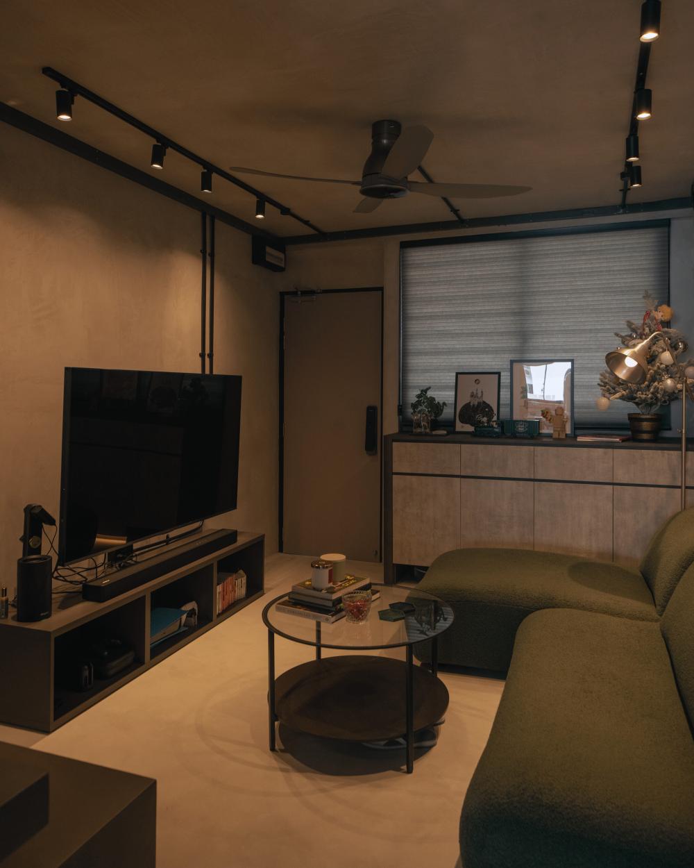 Industrial Living Room with TV Console and Feature Wall