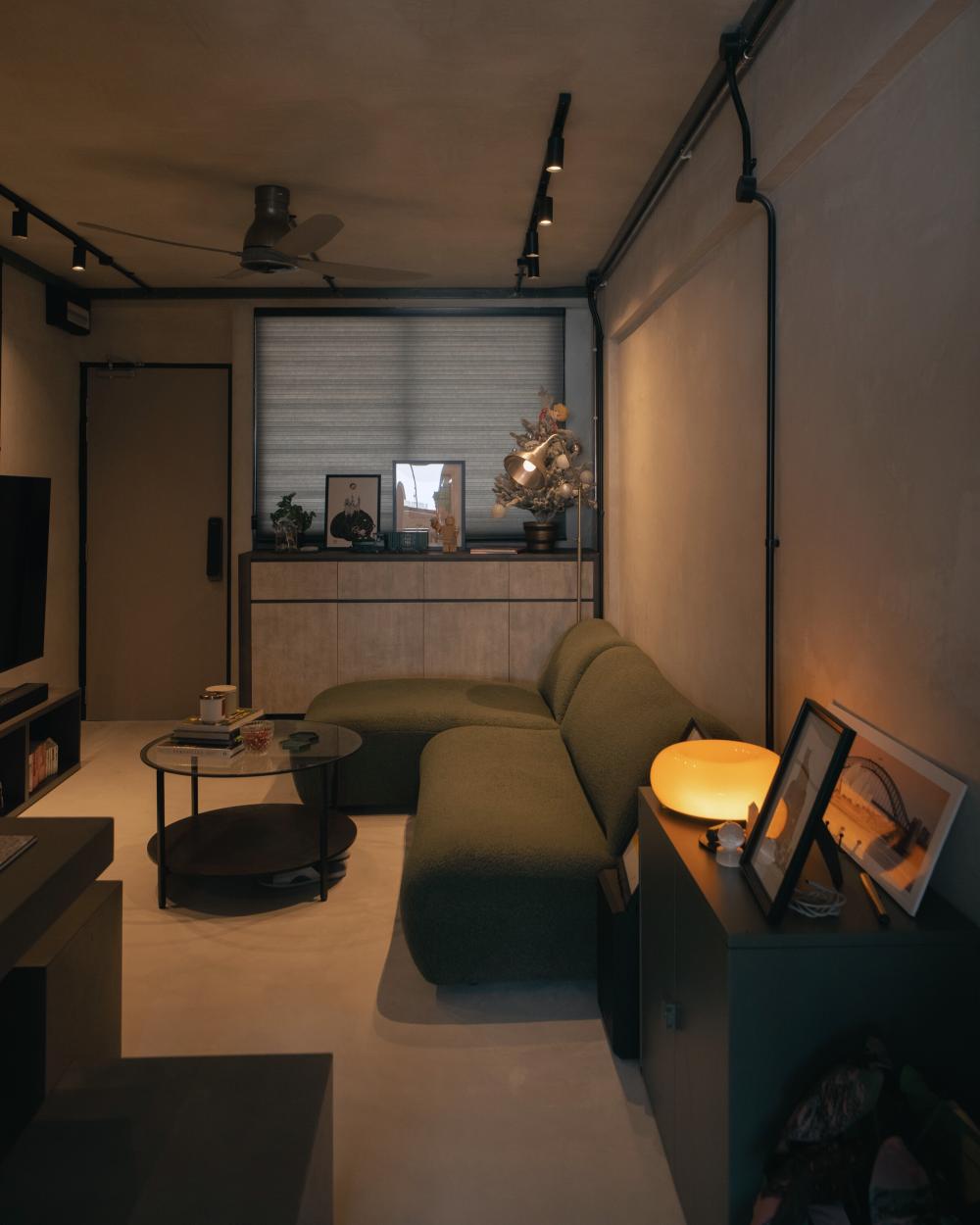 Industrial Living Room with TV Console and Feature Wall