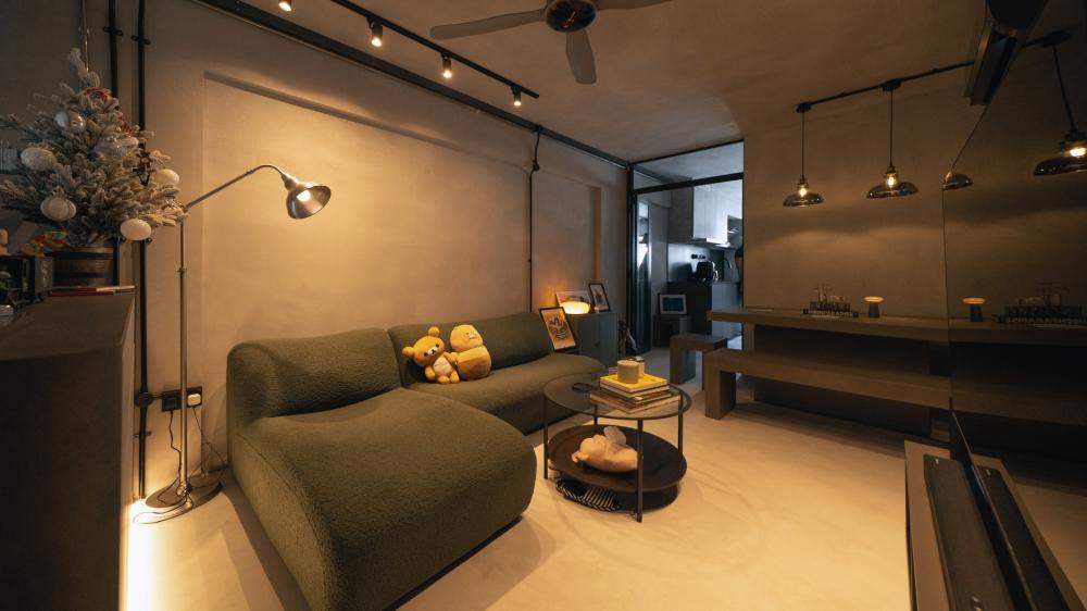 Industrial Living Room with TV Console and Feature Wall