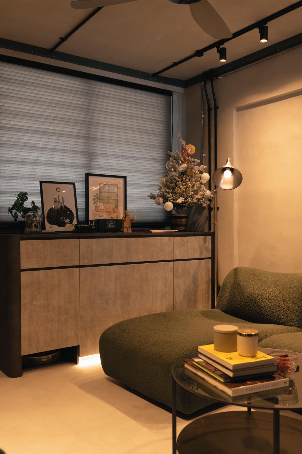 Industrial Living Room with TV Console and Feature Wall