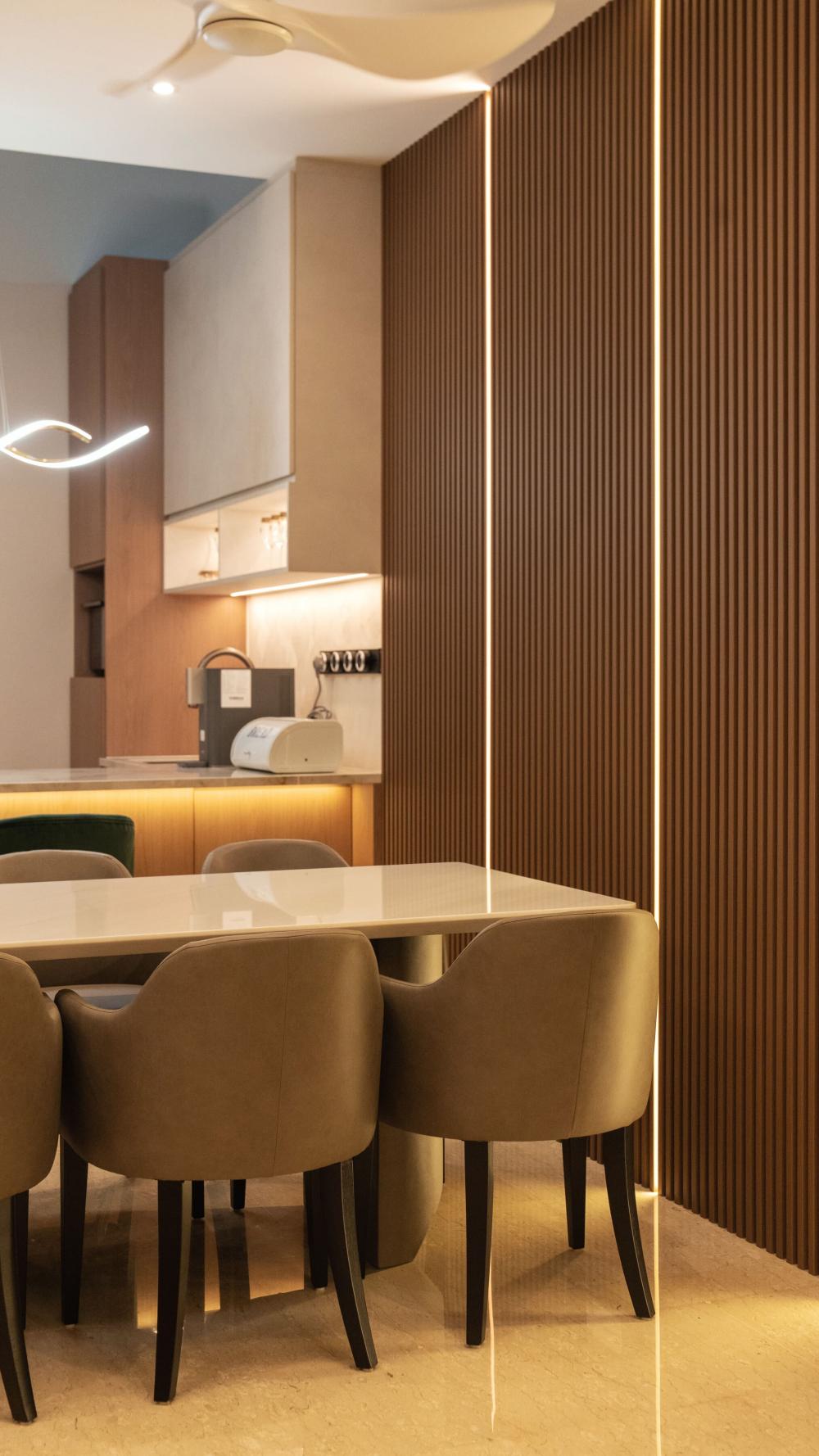 Contemporary Dining Room with Chandelier and Dining Table