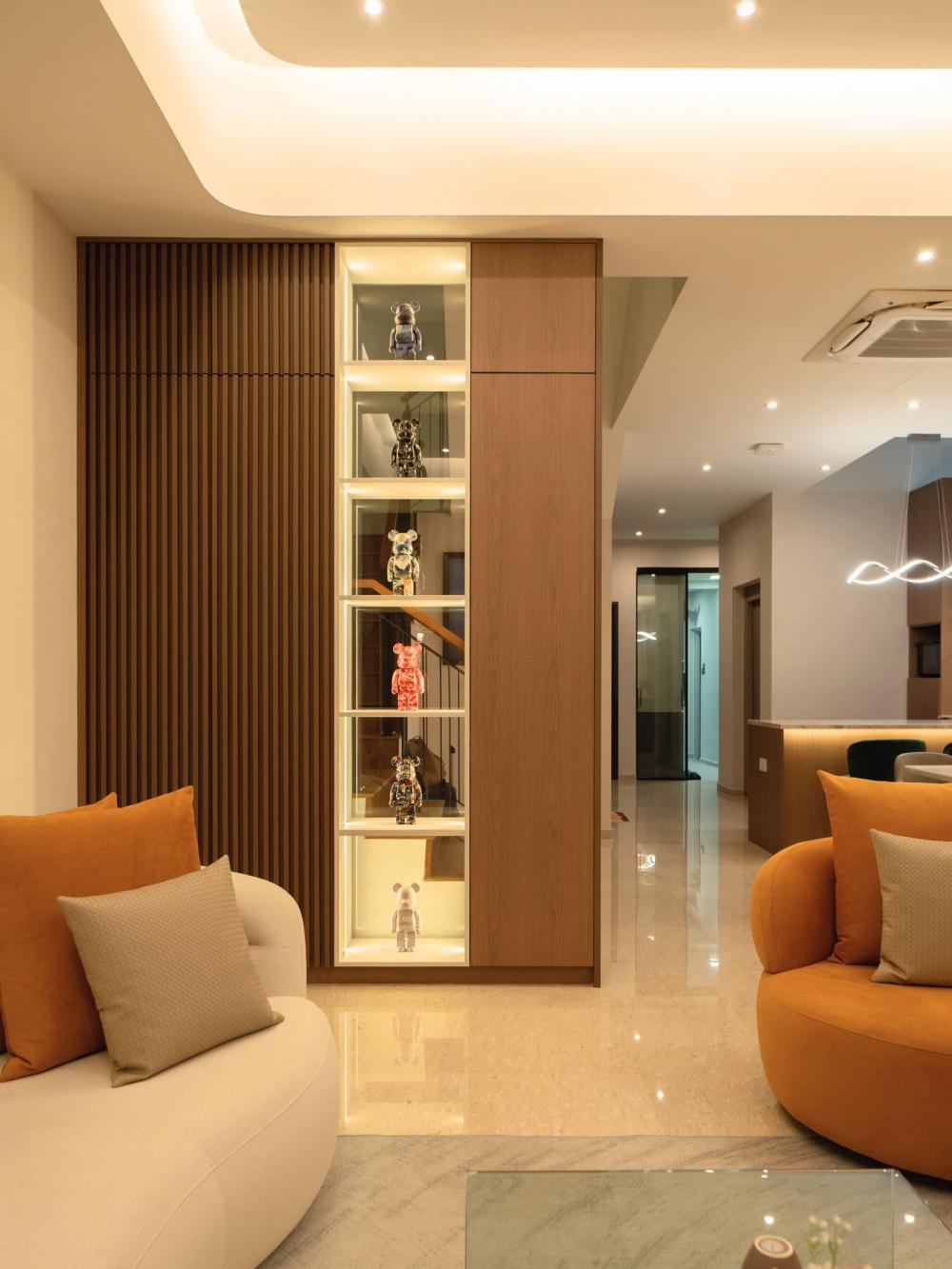 Contemporary Living Room with Open Kitchen and Kitchen Accessories