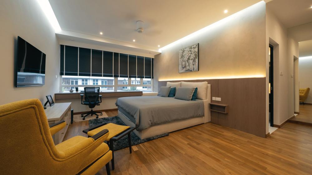 Contemporary Bedroom with Wood Flooring and Drop Ceiling