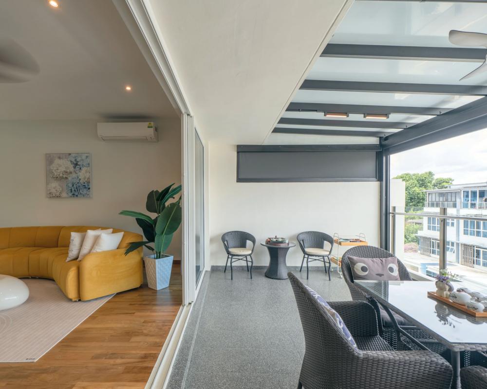 Contemporary Rooftop with Awning and Outdoor Table