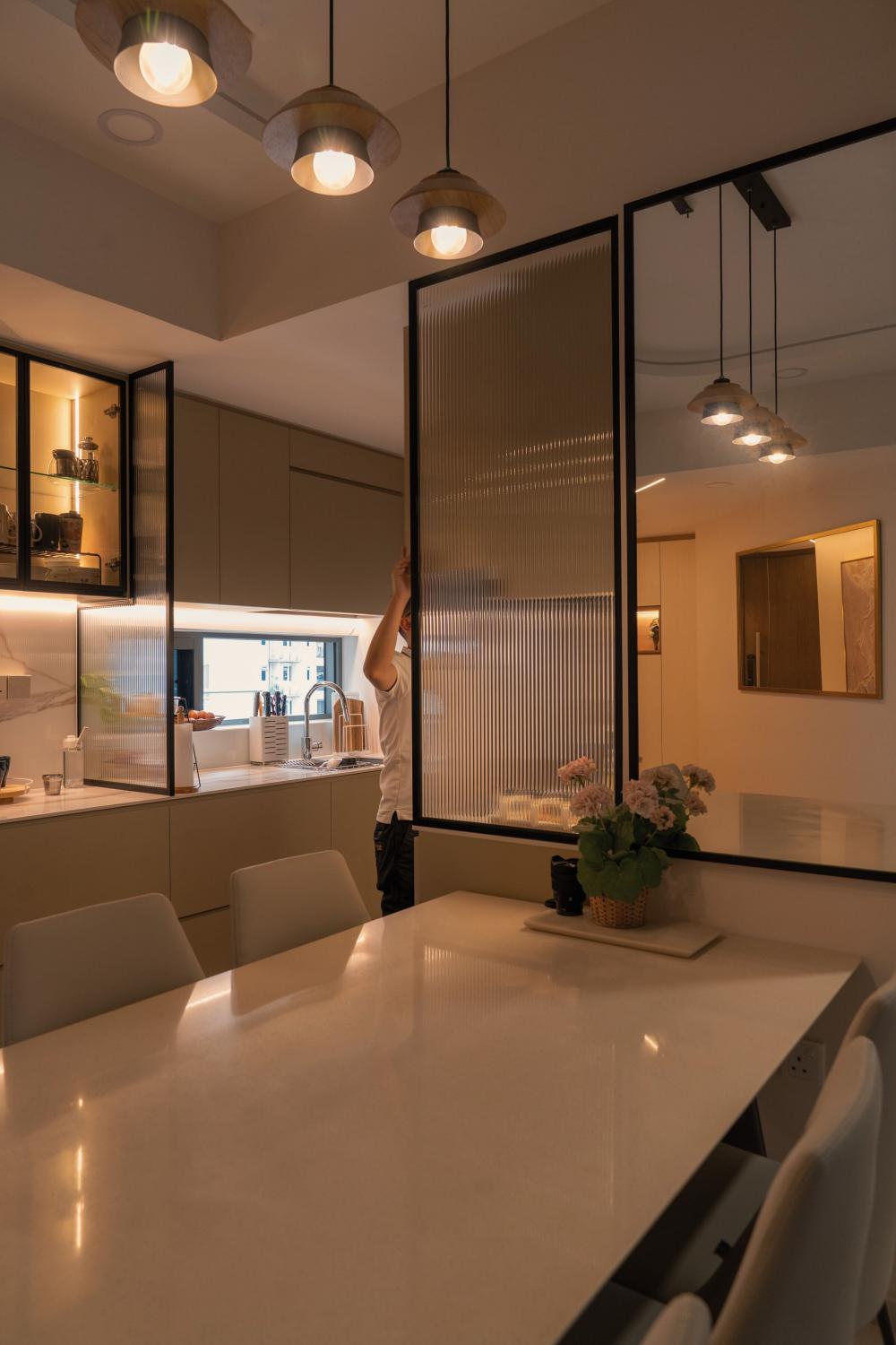 Contemporary Dining Room with Ceiling Light and Downlights