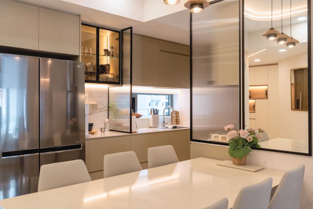 Contemporary Kitchen with Herringbone Tiling and Open Kitchen