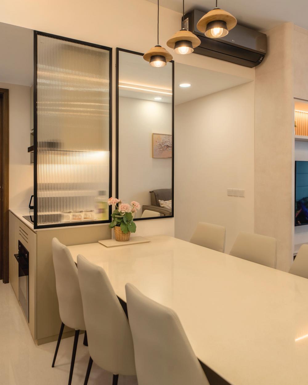 Contemporary Dining Room with Drop Ceiling and Chandelier