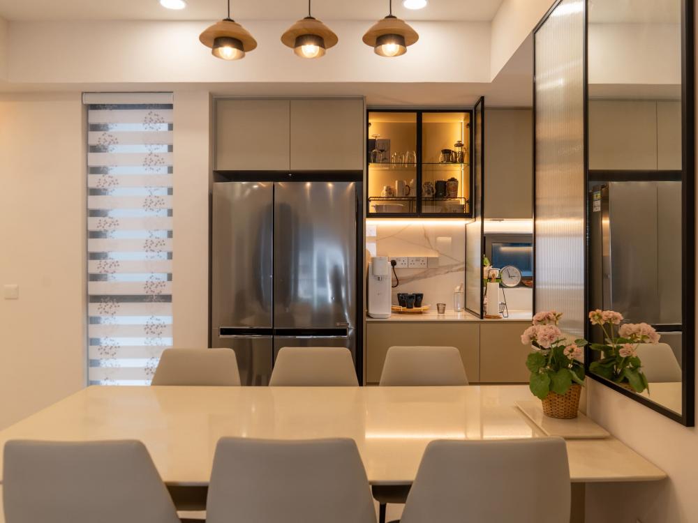 Contemporary Pantry with Kitchen Island and Console Table