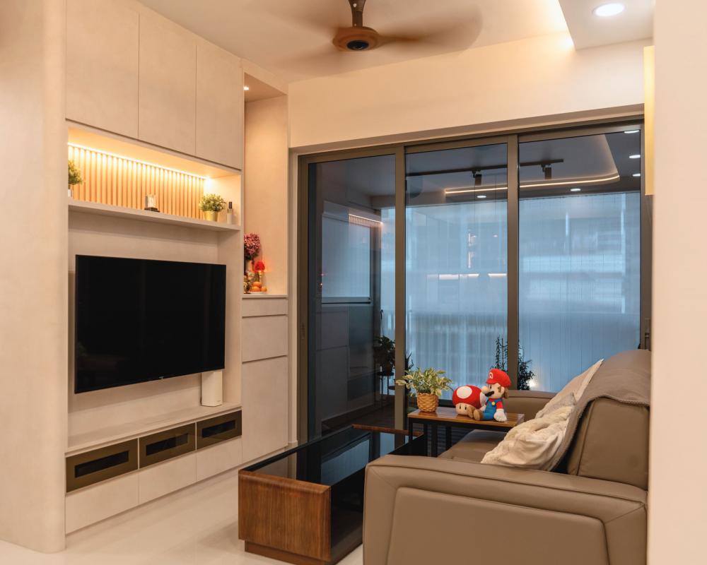 Contemporary Living Room with TV Console and Cove Lighting