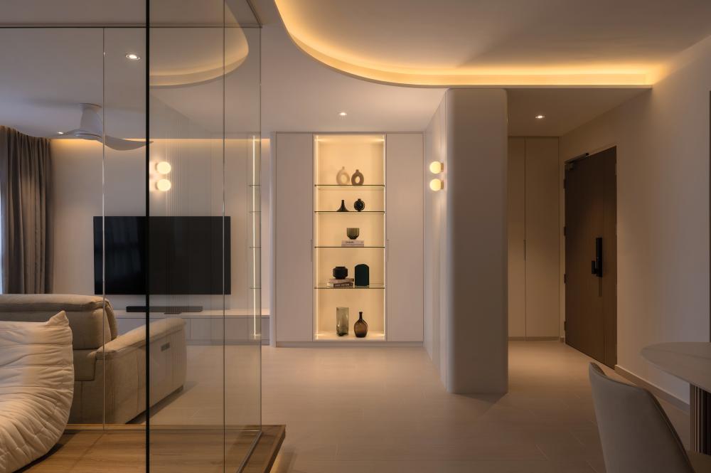Contemporary Living Room with Homogeneous Tiles and TV Console