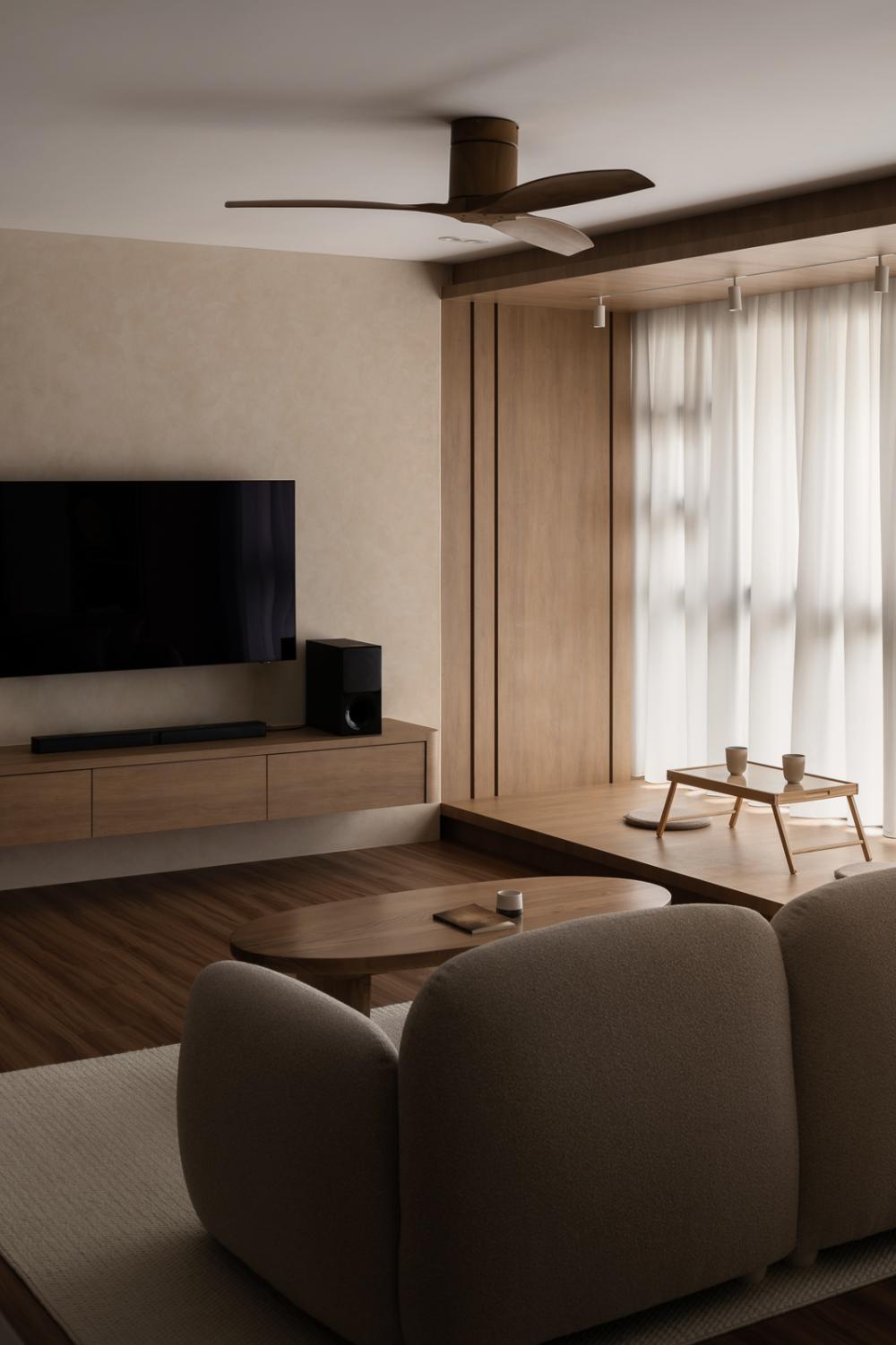 Asian Living Room with Vinyl Flooring and TV Console