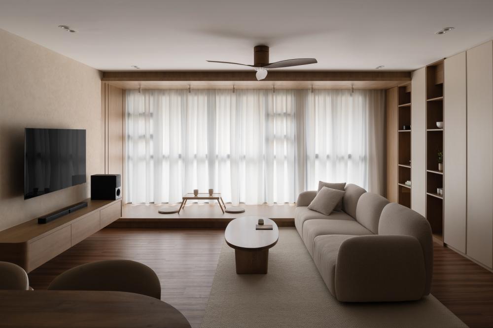 Asian Living Room with Bookshelf and Vinyl Flooring