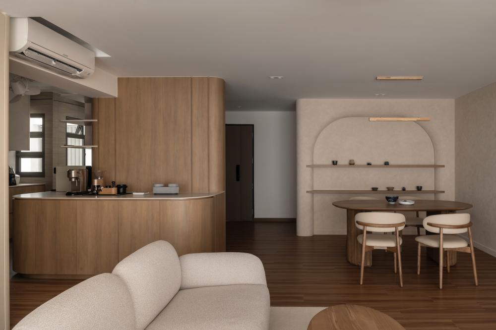 Asian Dining Room with Kitchen Island and Lighting