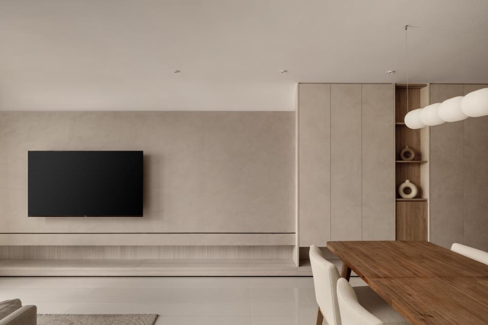 Minimalist Living Room with Homogeneous Tiles and TV Console