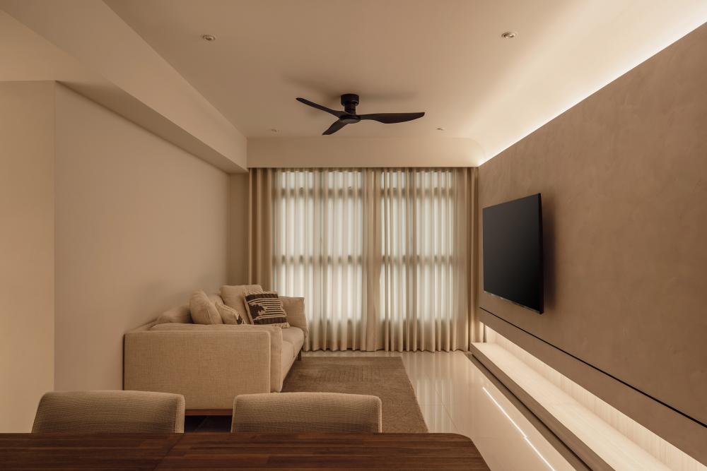 Minimalist Living Room with Homogeneous Tiles and TV Console